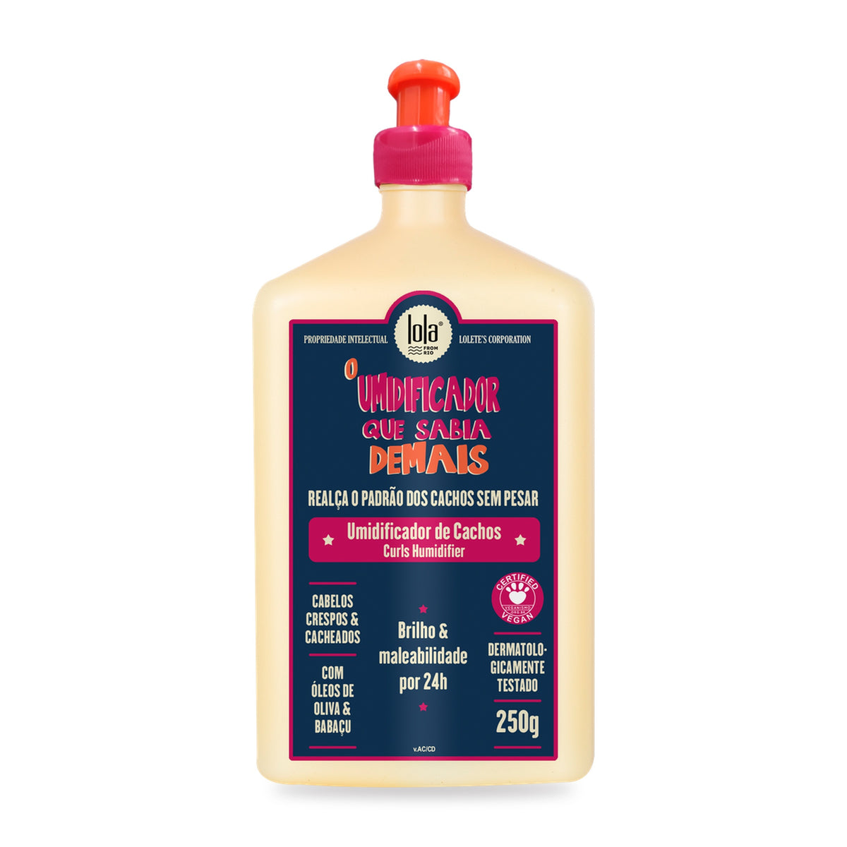 Umidificador de Cachos Lola Que Sabia Demais: frente atual de 250 g, realça o padrão dos cachos, Certified Vegan