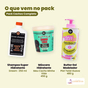 O que vem no Pack Cachos Completo: o Shampoo Super Hidratante Dream de 250 ml, a Máscara Hidratante Meu Cacho Minha Vida de 450 g e o Butter Gel Modelador Plot Twist Guava de 480 g, lado a lado sobre fundo liso, com o nome de cada um por baixo.