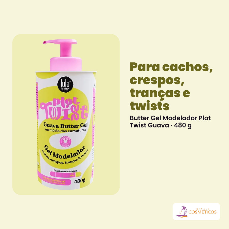 Frasco do Butter Gel Modelador Plot Twist Guava de 480 g inteiro, de frente, com o rótulo legível. Para cachos, crespos, tranças e twists.
