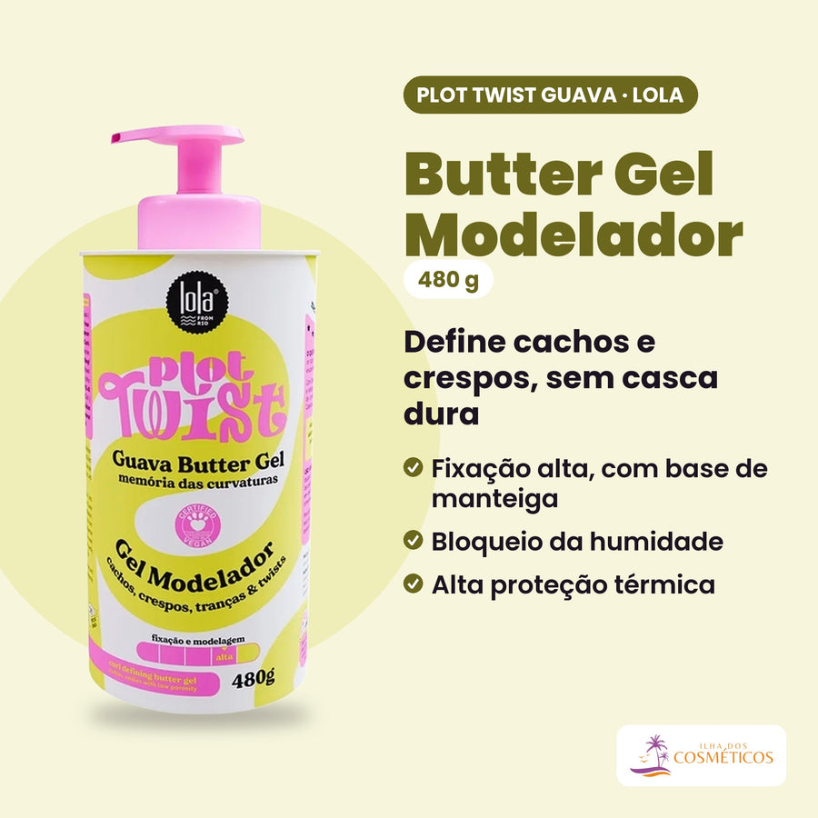 Butter Gel Modelador Plot Twist Guava de 480 g da Lola From Rio. Define cachos e crespos, sem casca dura: fixação alta, com base de manteiga; bloqueio da humidade; alta proteção térmica.