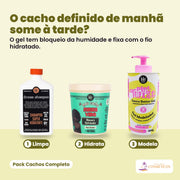 Pack Cachos Completo: o Shampoo Super Hidratante Dream de 250 ml, a Máscara Hidratante Meu Cacho Minha Vida de 450 g e o Butter Gel Modelador Plot Twist Guava de 480 g, pela ordem de uso (limpa, hidrata, modela).