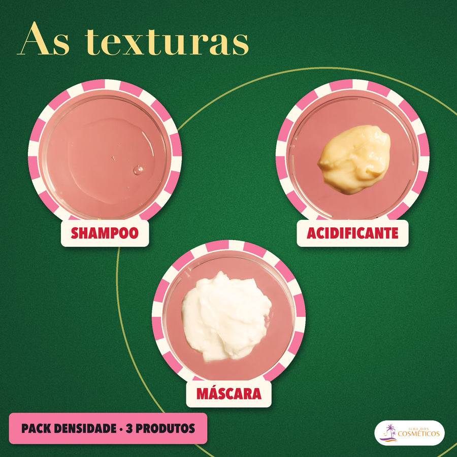 Pack Densidade Lola Acidificante, Shampoo e Máscara: as texturas do shampoo, do acidificante e da máscara
