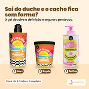 Pack Ela é Carioca Completo: o Shampoo Nutritivo Ela é Carioca de 500 ml, a Máscara Hidronutritiva Ela é Carioca de 450 g e o Butter Gel Modelador Plot Twist Guava de 480 g, pela ordem de uso (lava, repõe, define).