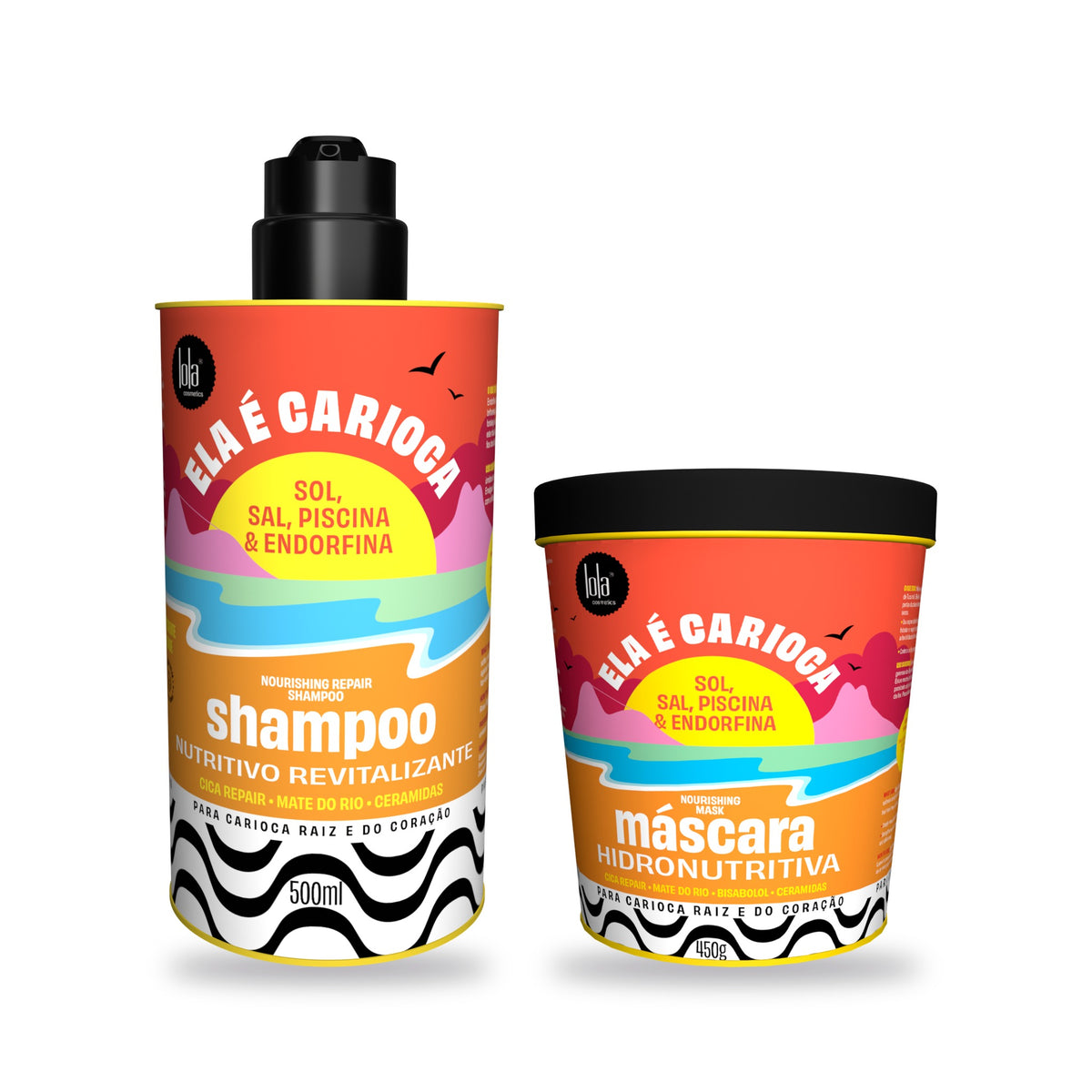 Pack Ela é Carioca da Lola From Rio com o Shampoo Nutritivo Ela é Carioca de 500 ml e a Máscara Hidronutritiva Ela é Carioca de 450 g, de frente, sobre fundo branco.