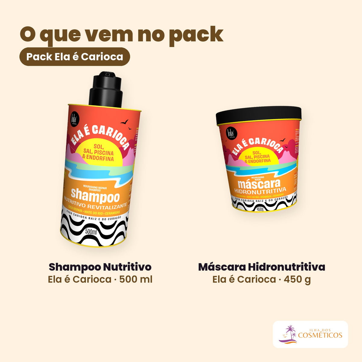O que vem no Pack Ela é Carioca: o Shampoo Nutritivo Ela é Carioca de 500 ml e a Máscara Hidronutritiva Ela é Carioca de 450 g, lado a lado sobre fundo liso, com o nome de cada um por baixo.