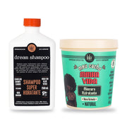 Pack Hidratação de Cachos da Lola From Rio com o Shampoo Super Hidratante Dream de 250 ml e a Máscara Hidratante Meu Cacho Minha Vida de 450 g, de frente, sobre fundo branco.