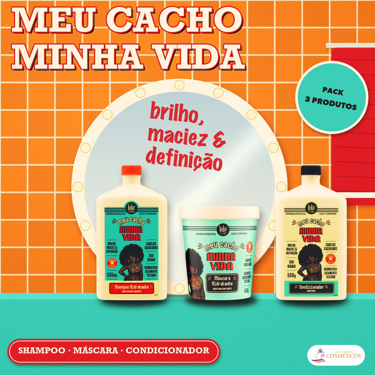 Pack Meu Cacho Lola Shampoo, Condicionador e Máscara: apresentação, os três produtos na embalagem nova