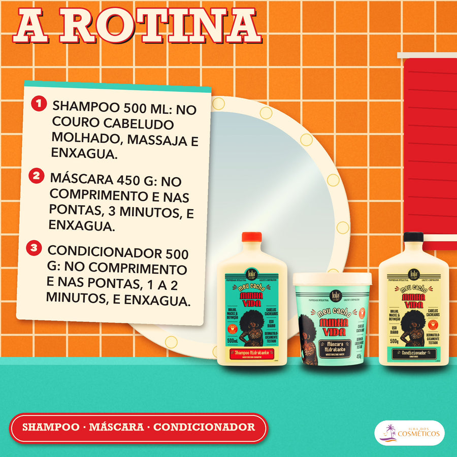 Pack Meu Cacho Lola Shampoo, Condicionador e Máscara: a rotina, com o modo de usar de cada produto