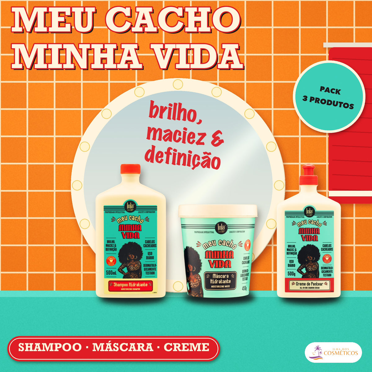 Pack Meu Cacho Lola Shampoo, Máscara e Creme de Pentear: apresentação, os três produtos na embalagem nova