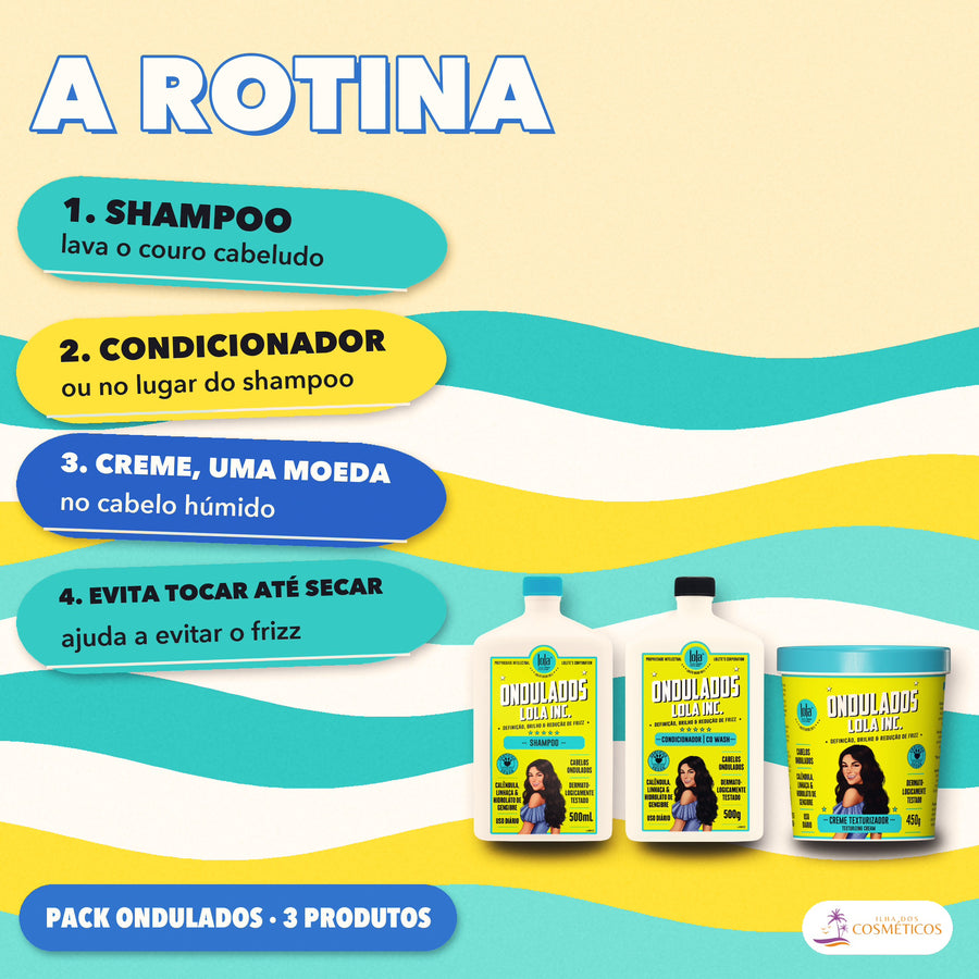 Pack Ondulados Lola Shampoo, Condicionador e Texturizador: a rotina em quatro passos, do shampoo ao creme