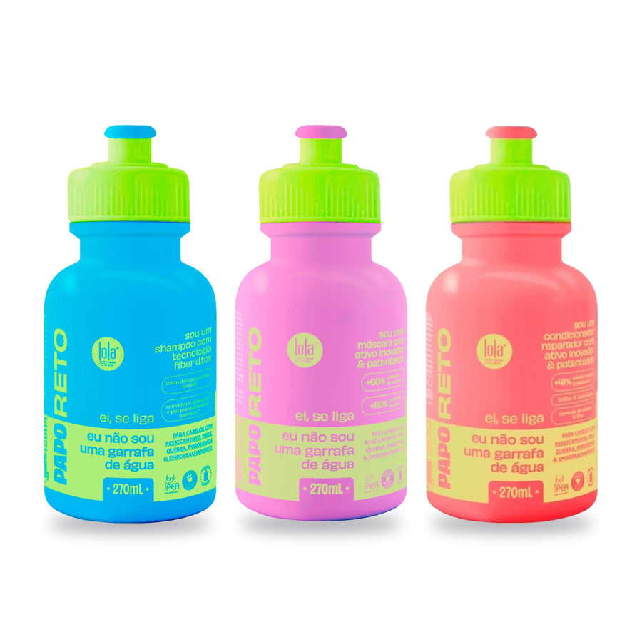 Lola Pack Papo Reto Shampoo + Máscara + Condicionador Detox e Reparação, os produtos de frente sobre fundo liso