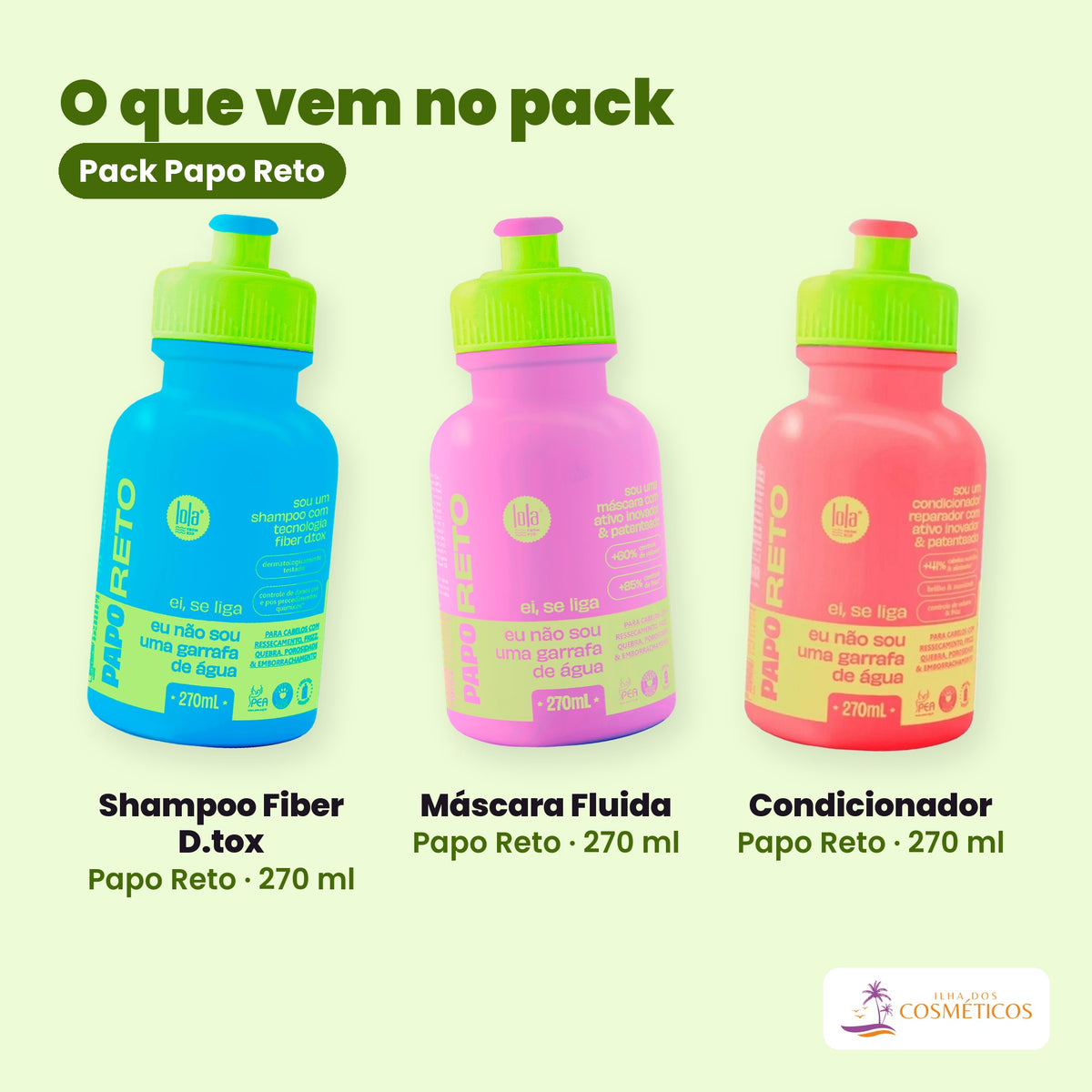 O que vem dentro do Lola Pack Papo Reto Shampoo + Máscara + Condicionador Detox e Reparação, visto de cima