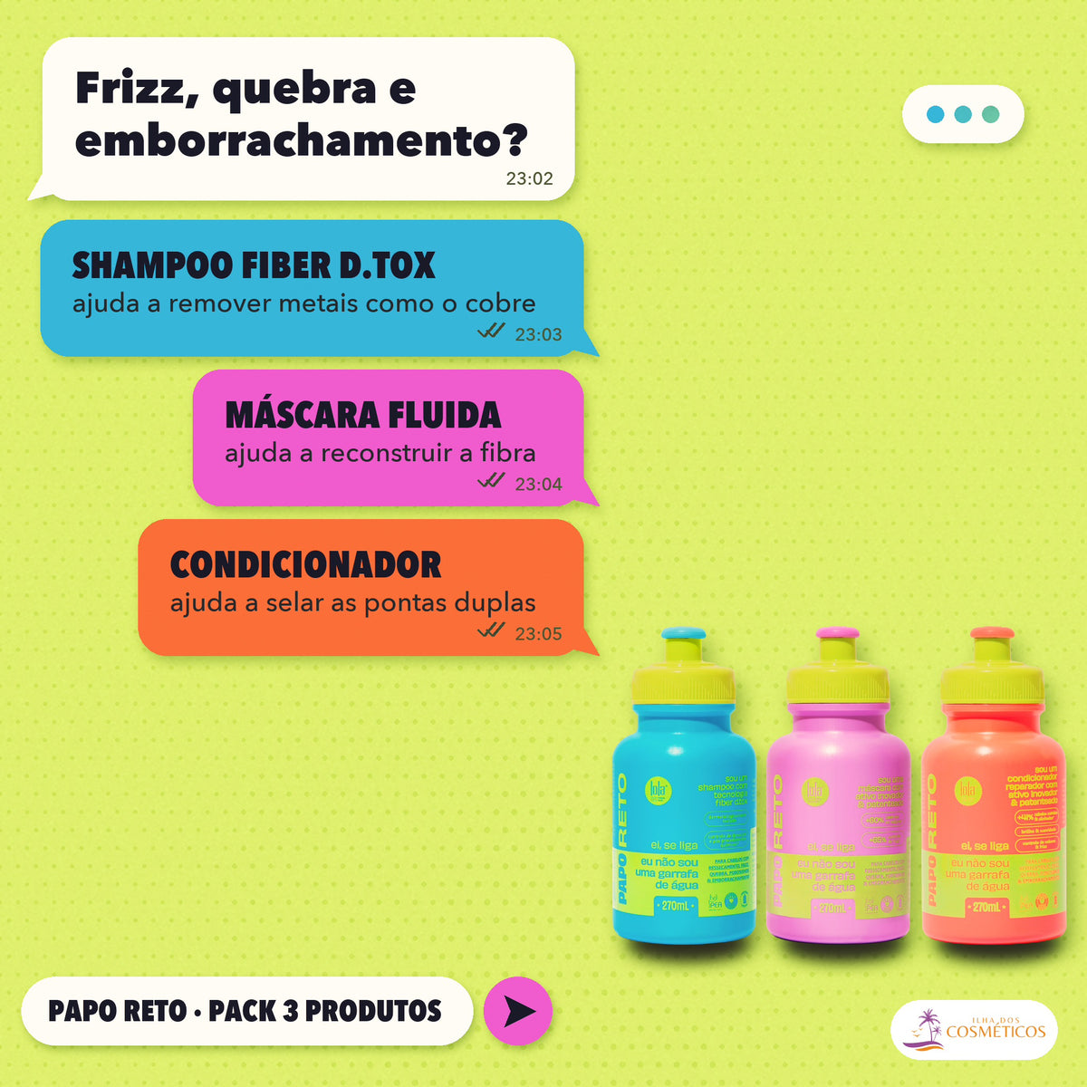 Pack Papo Reto Lola Shampoo, Máscara e Condicionador: apresentação, com o que cada um dos três faz pelo fio
