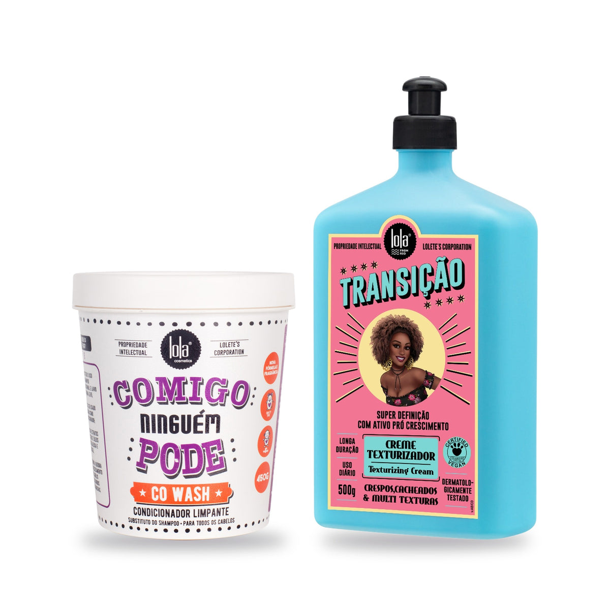 Pack Transição da Lola From Rio com o Co Wash Melaleuca Comigo Ninguém Pode de 450 g e o Creme Texturizador Transição de 500 g, de frente, sobre fundo branco.
