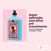 Frasco do Creme Texturizador Transição de 500 g inteiro, de frente, com o rótulo legível. Super definição, com ativo pró crescimento.