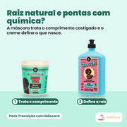 Pack Transição com Máscara: a Máscara Hidratante Meu Cacho Minha Vida de 450 g e o Creme Texturizador Transição de 500 g, pela ordem de uso (trata o comprimento, define a raiz).