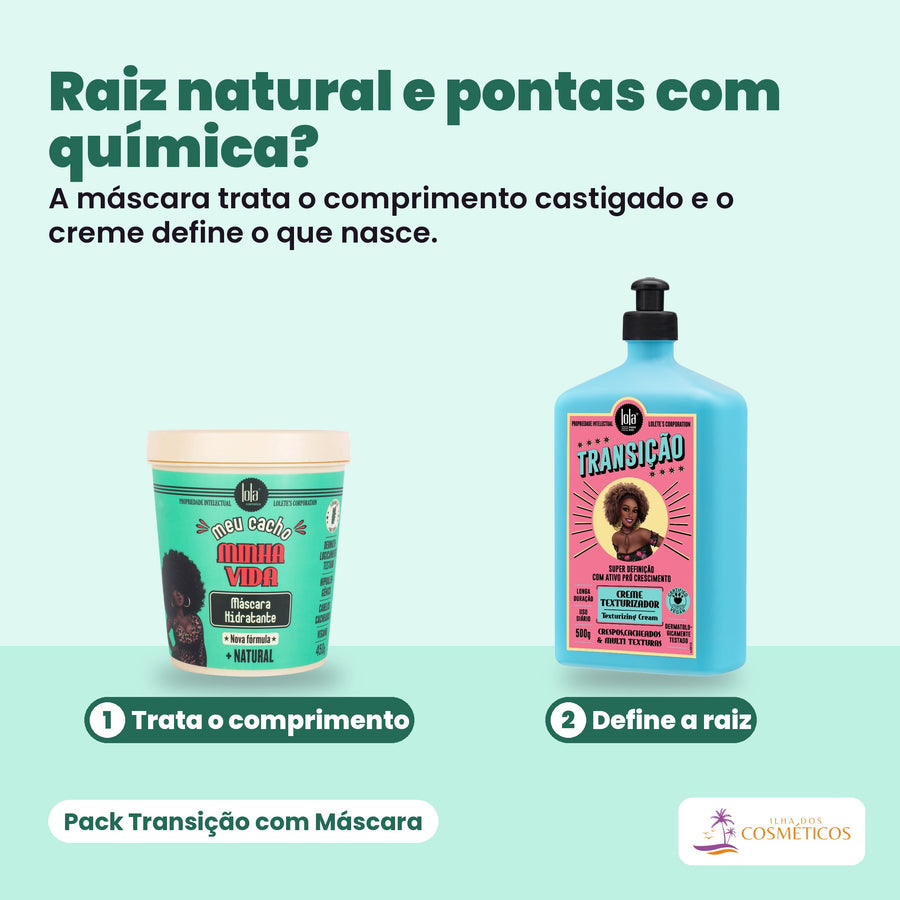 Pack Transição com Máscara: a Máscara Hidratante Meu Cacho Minha Vida de 450 g e o Creme Texturizador Transição de 500 g, pela ordem de uso (trata o comprimento, define a raiz).