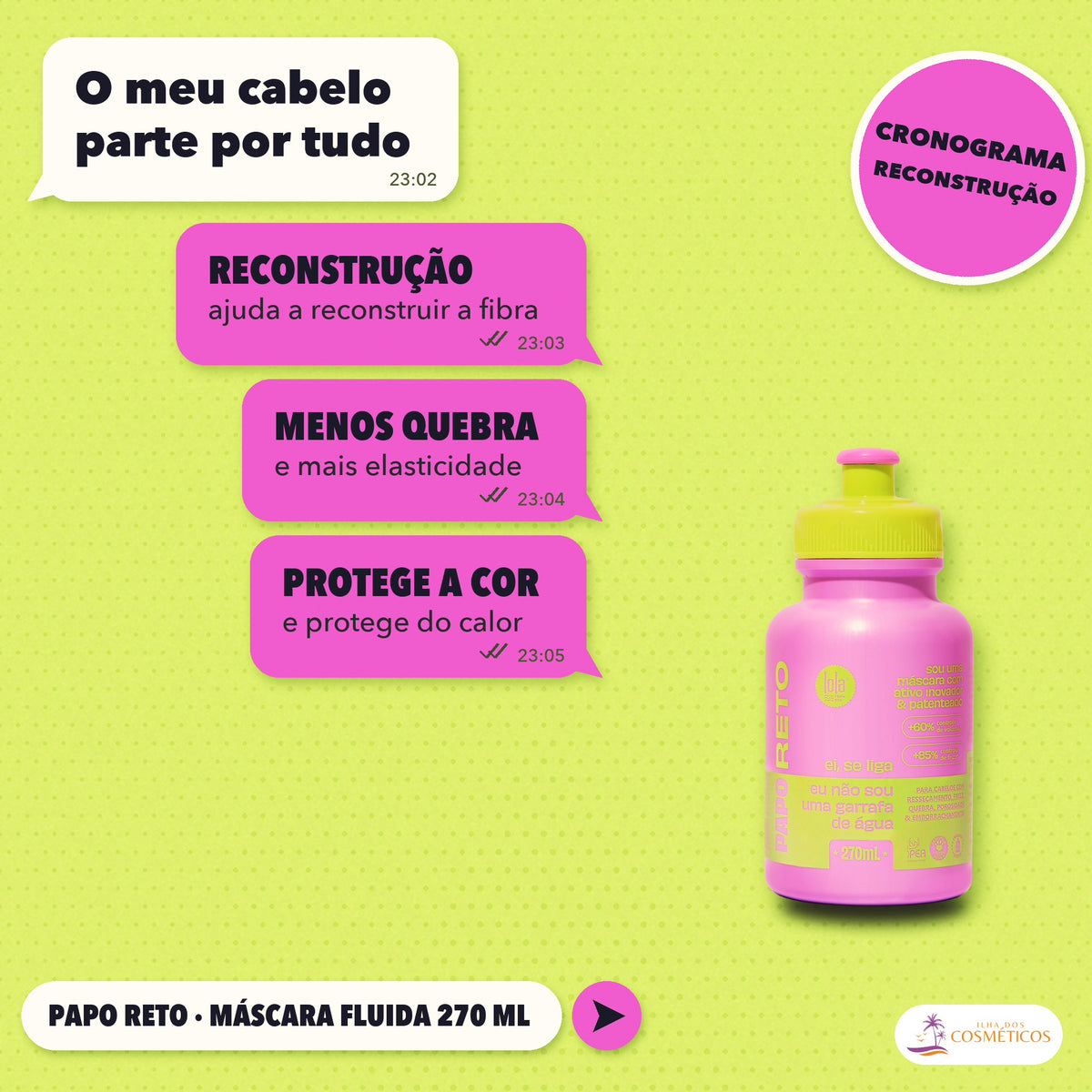 Máscara Papo Reto Lola Fluida Reparação Molecular: apresentação, com o que a fórmula faz pelo fio