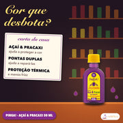 Óleo Pinga Lola Açaí e Pracaxi Pré e Pós Química: apresentação para a cor que desbota, com pontas duplas e proteção térmica