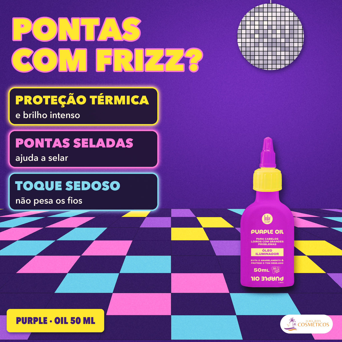 Óleo Purple Lola Iluminador Anti-Amarelamento Loiro: apresentação, proteção térmica, pontas seladas e toque sedoso