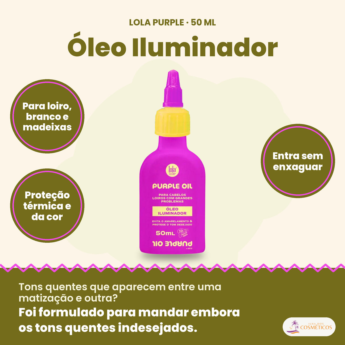 Óleo Purple Lola Iluminador Matizador Cabelo Loiro: para loiro, branco e madeixas, proteção térmica e da cor
