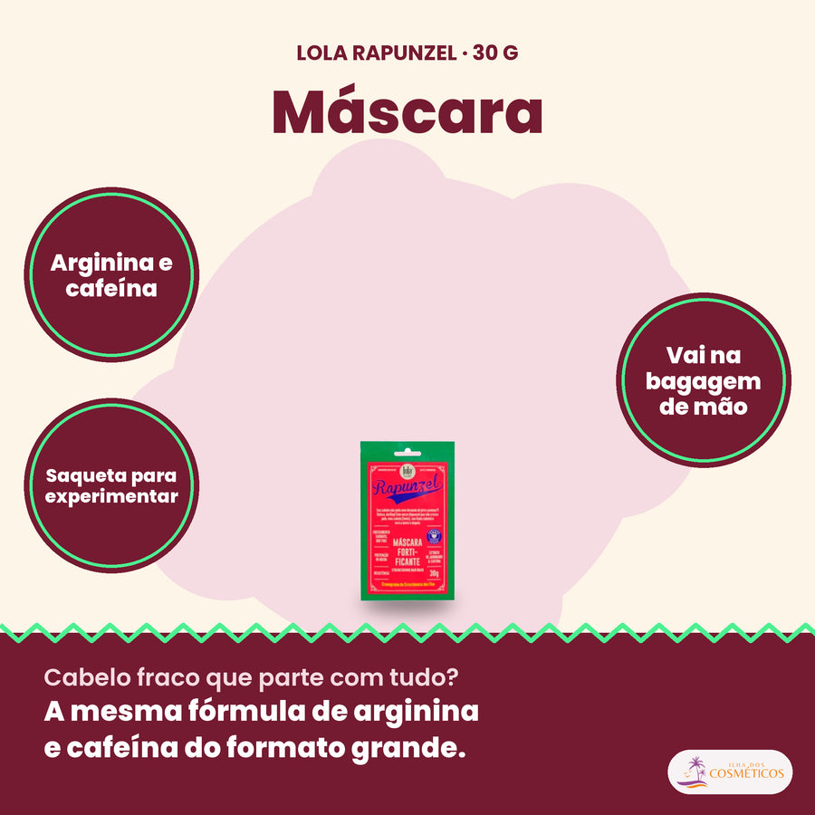 Máscara Rapunzel Lola Fortificante Anti-Queda: cartaz com a saqueta ao centro e os destaques arginina e cafeína