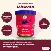 Máscara Rapunzel Lola Fortificante Anti-Queda: cartaz com o pote e os destaques arginina e cafeína, fortificante, uso semanal