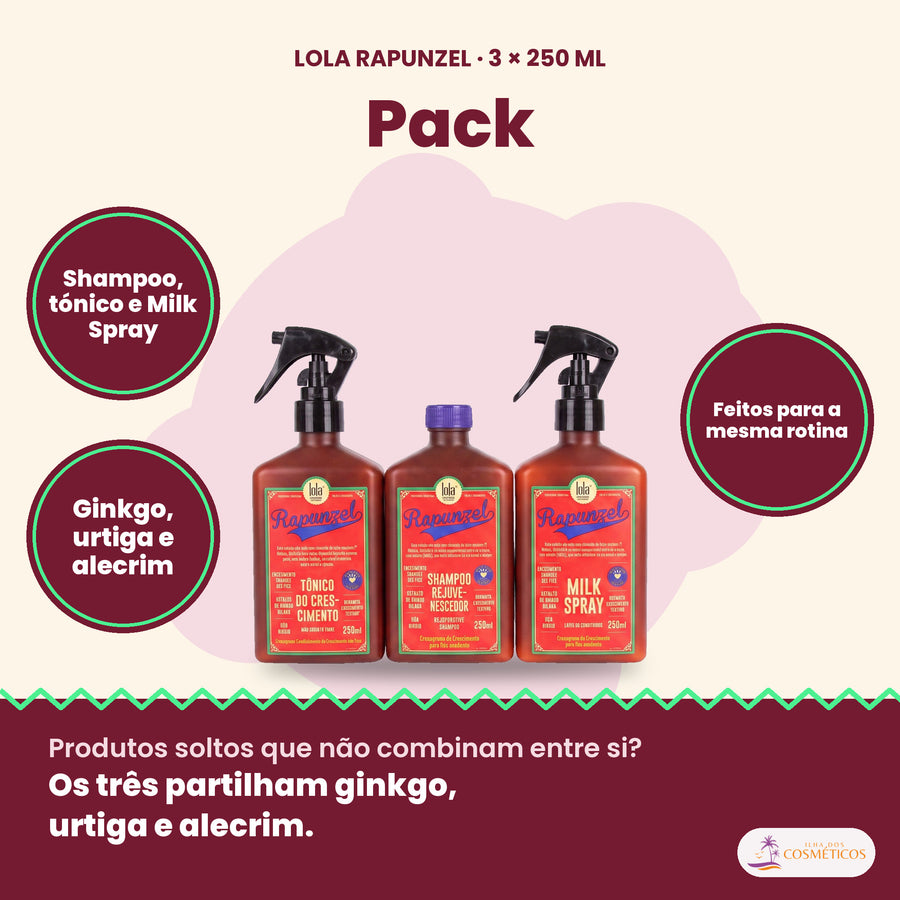 Pack Rapunzel Lola Shampoo, Tónico e Milk Spray: shampoo, tónico e Milk Spray, ginkgo, urtiga e alecrim