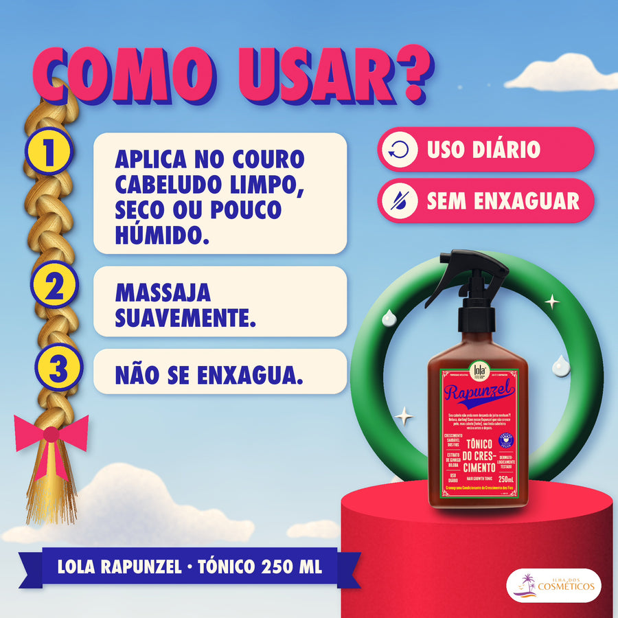 Tónico Rapunzel Lola do Crescimento Anti-Queda: como usar, passo a passo, com o tempo e a frequência