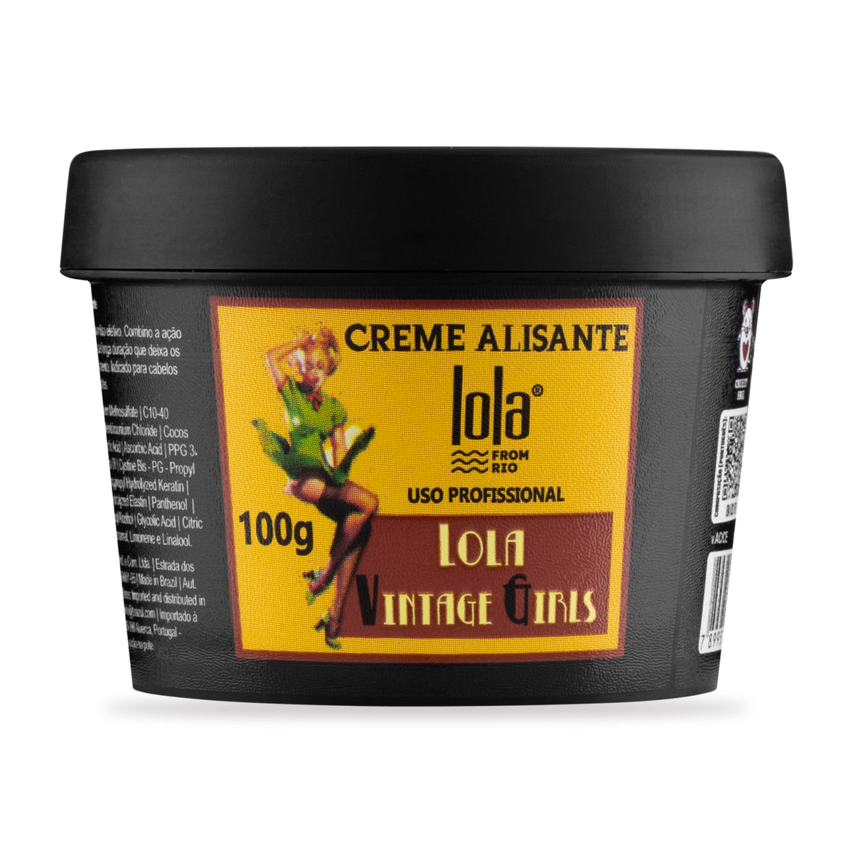 Creme Alisante Vintage Girls Lola Coco e Argan: pote de 100 g de frente, rótulo lola from rio, uso profissional