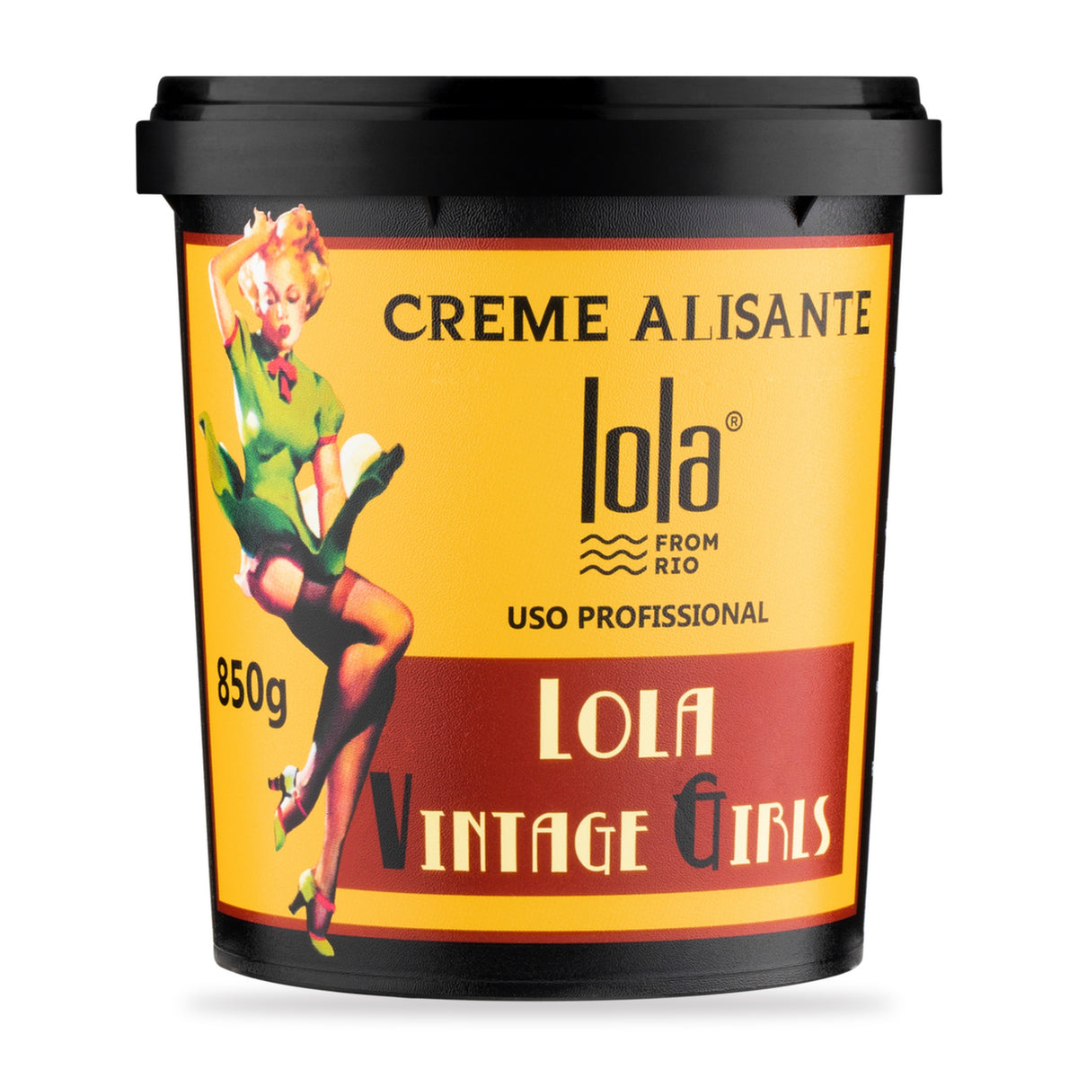 Creme Alisante Vintage Girls Lola Coco e Argan: pote de 850 g de frente, embalagem atual de uso profissional