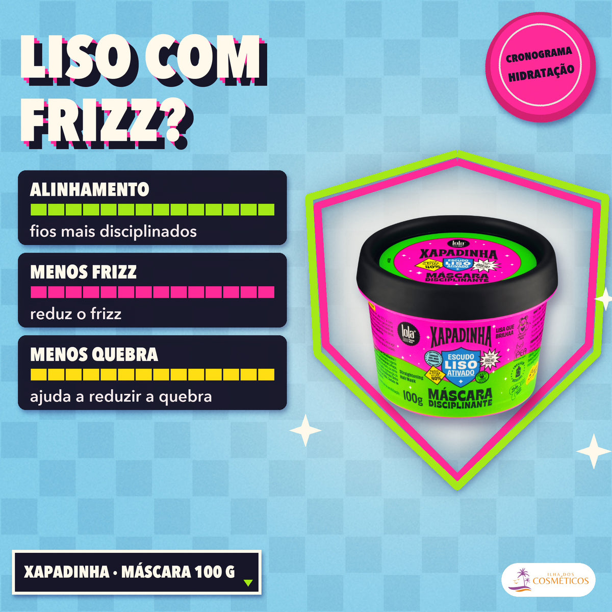 Máscara Xapadinha Lola Disciplinante Anti-Frizz: apresentação do pote de 100 g, com o que a fórmula faz pelo fio