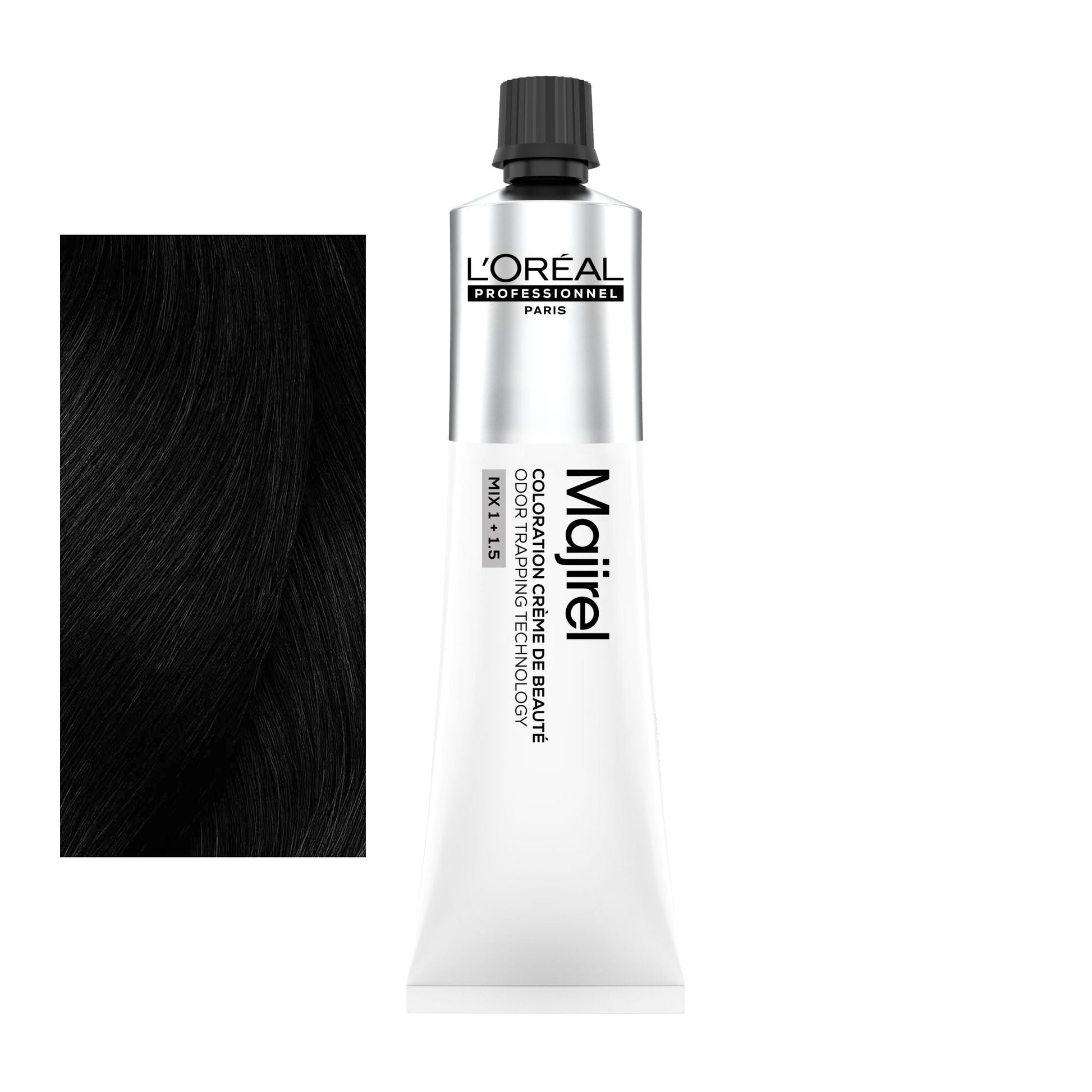 Coloração Majirel tom 1: amostra da cor junto ao tubo de 60 ml