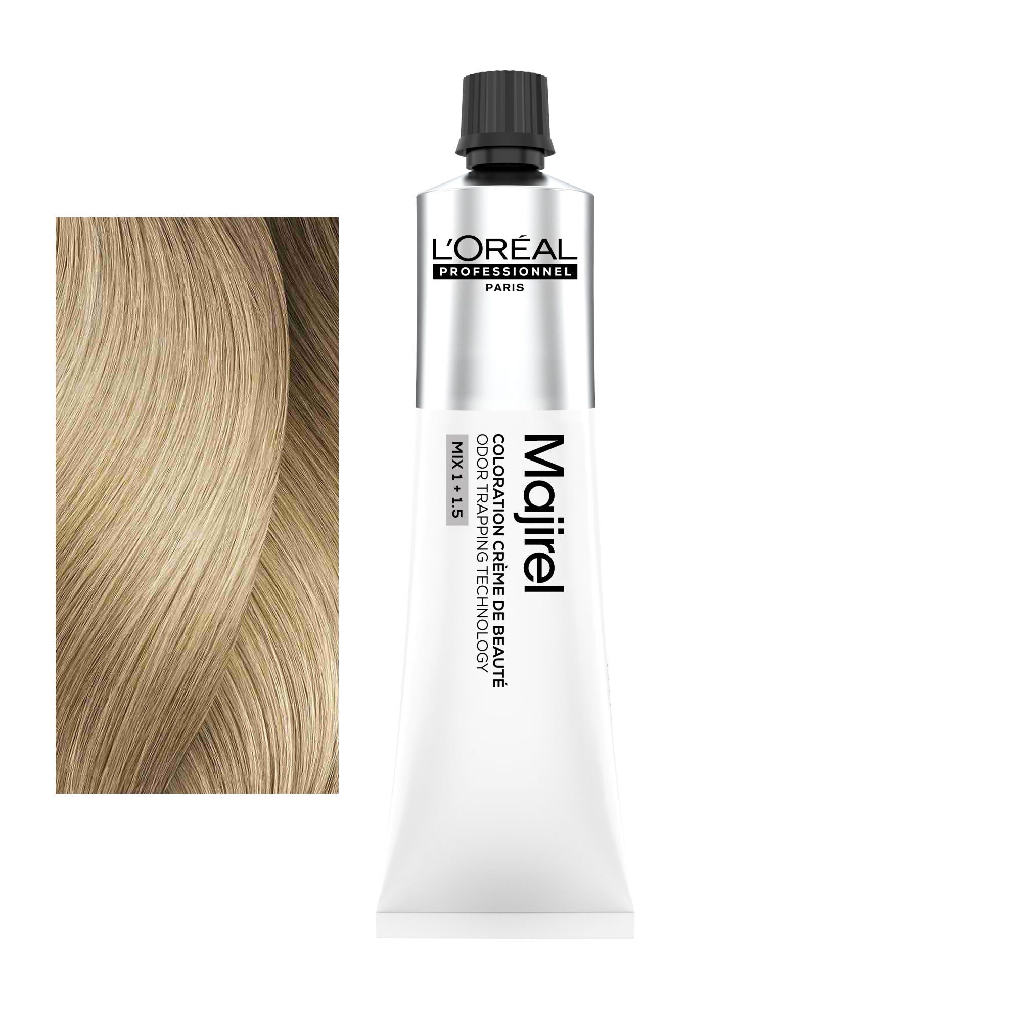 Coloração Majirel tom 10: amostra da cor junto ao tubo de 60 ml