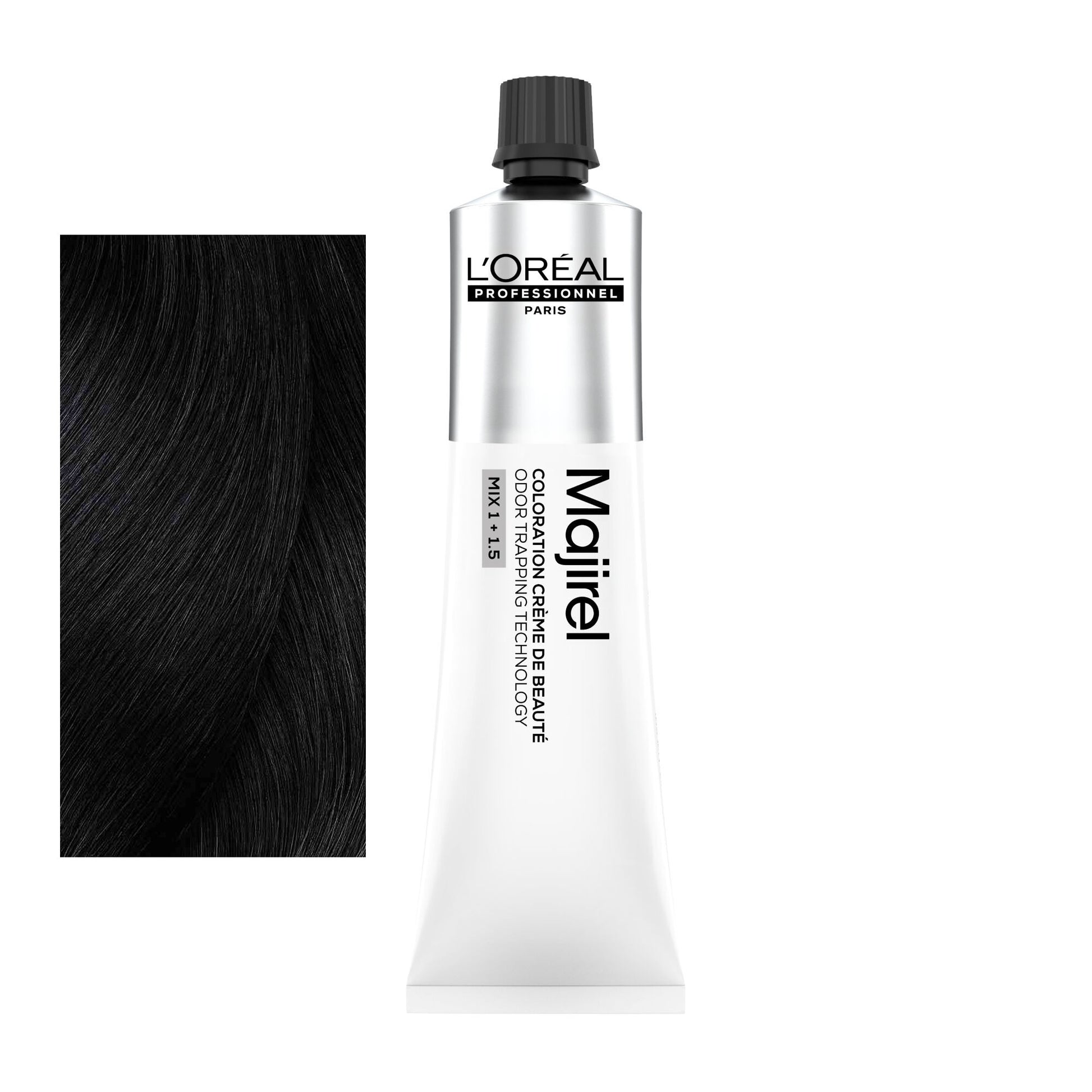 Coloração Majirel tom 2.10: amostra da cor junto ao tubo de 60 ml