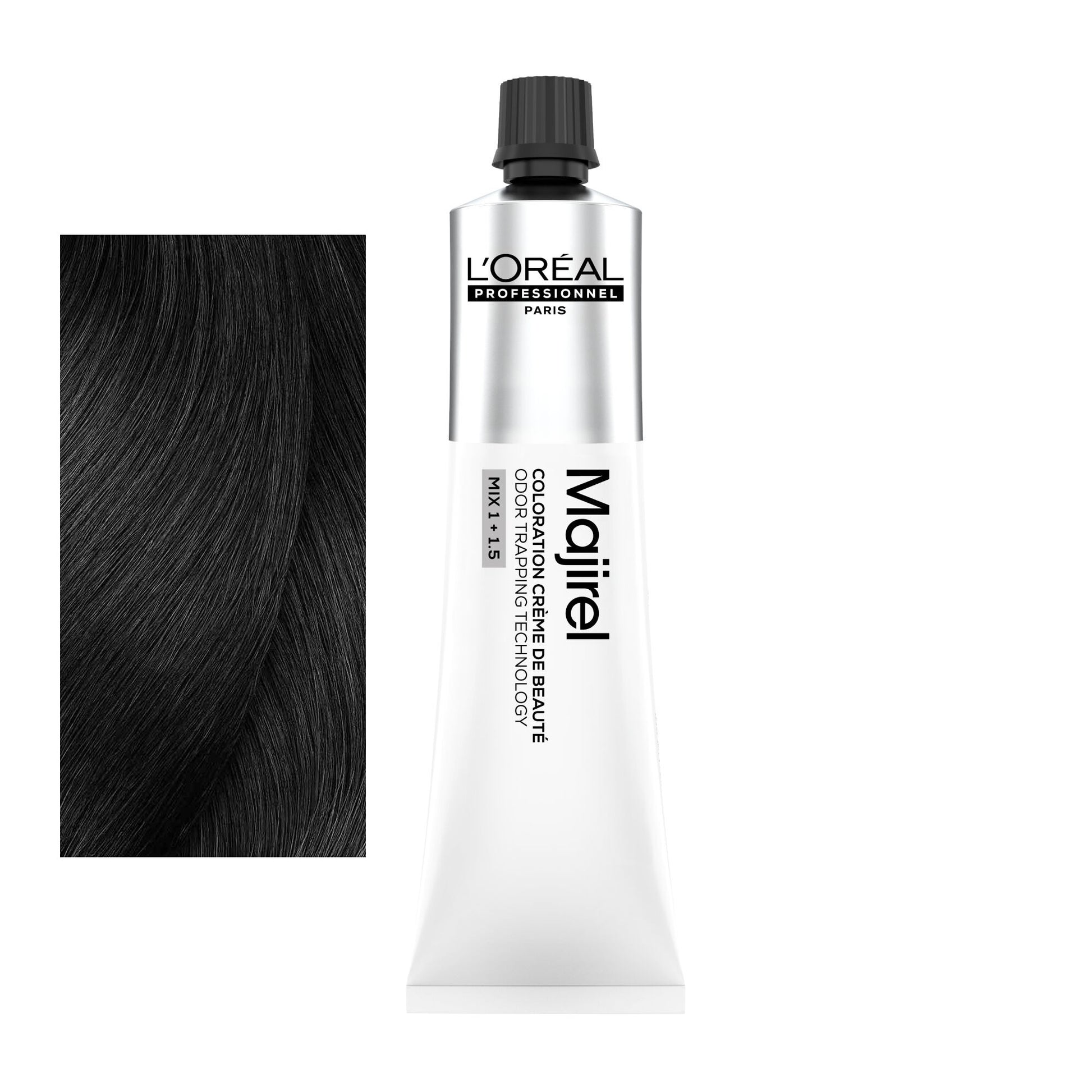 Coloração Majirel tom 3: amostra da cor junto ao tubo de 60 ml