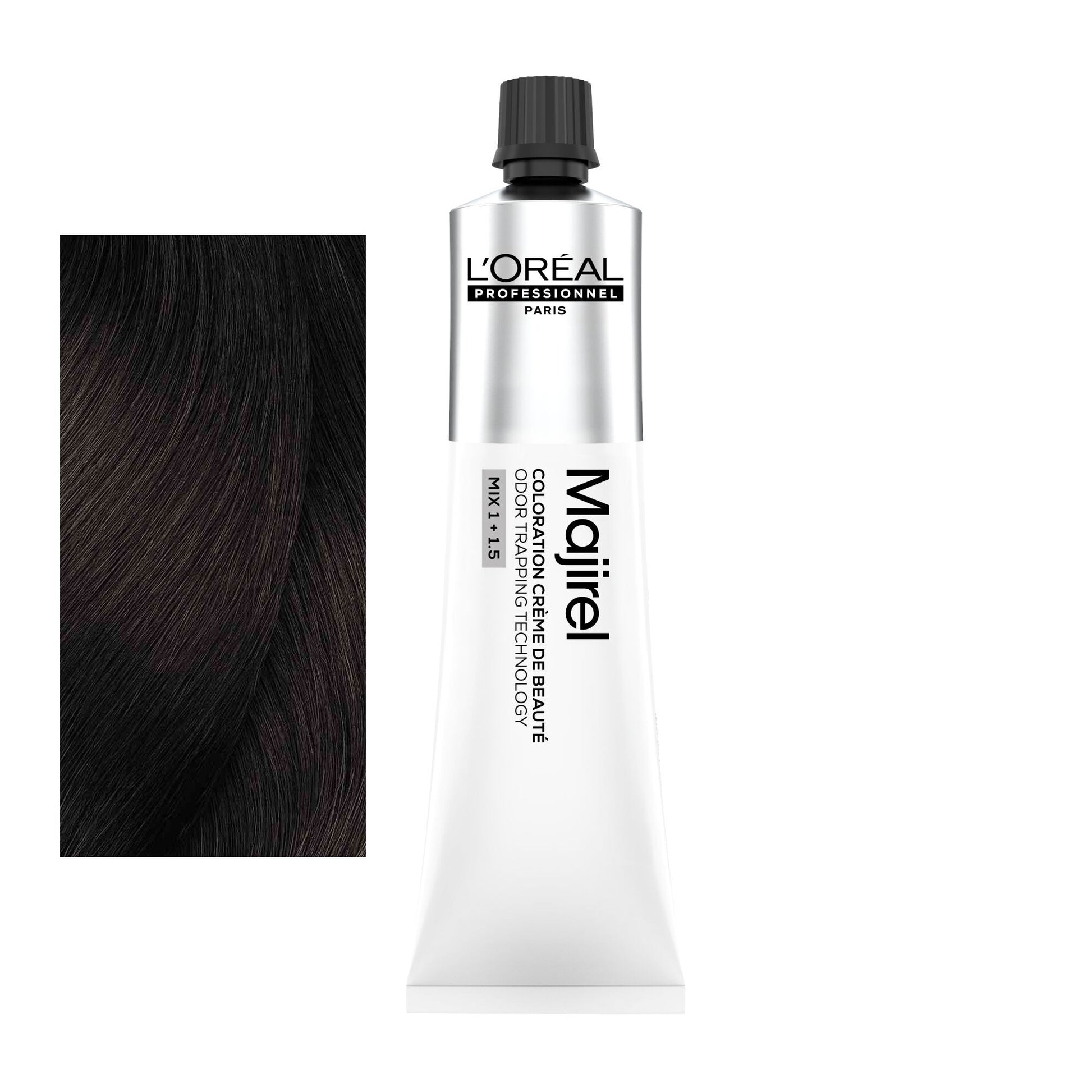 Coloração Majirel tom 4.15: amostra da cor junto ao tubo de 60 ml