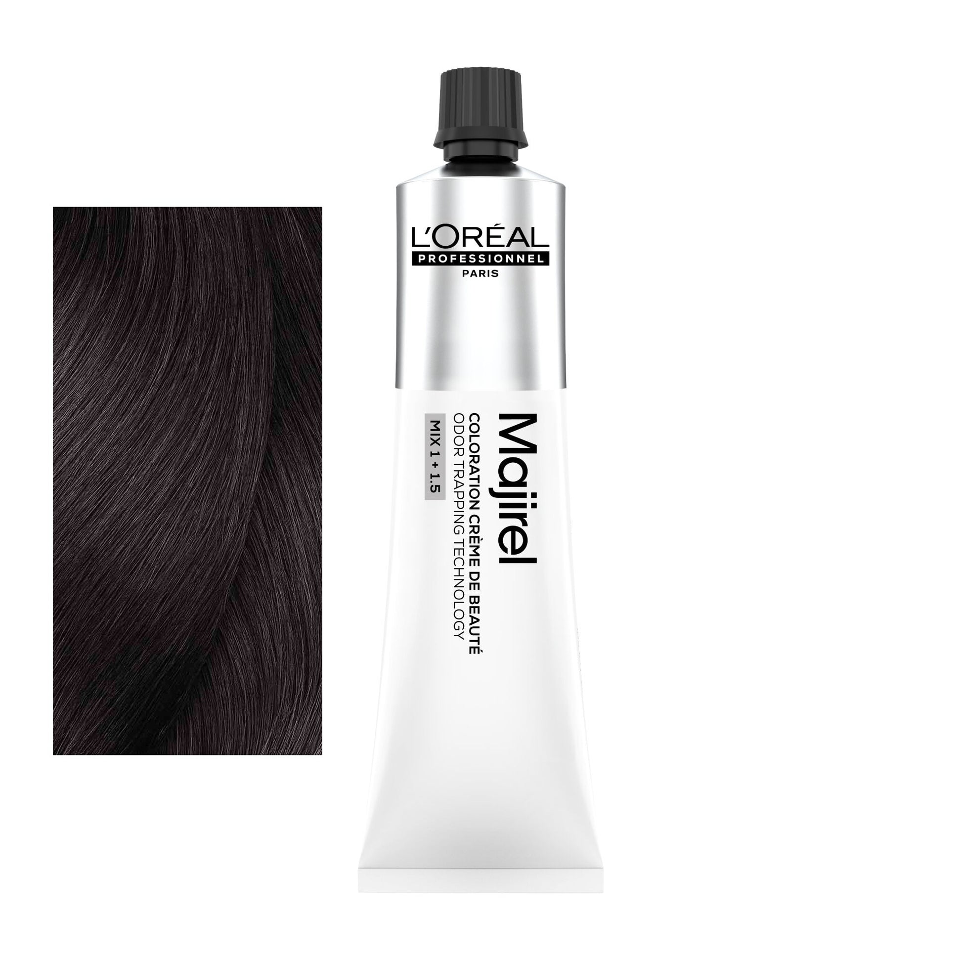 Coloração Majirel tom 4.20: amostra da cor junto ao tubo de 60 ml