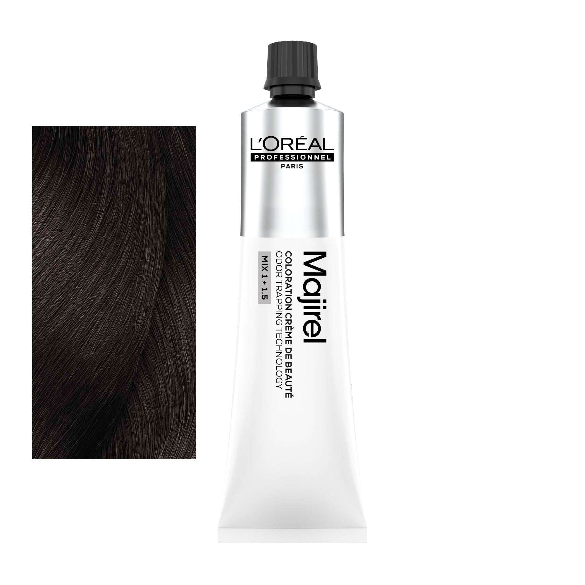 Coloração Majirel tom 4.35: amostra da cor junto ao tubo de 60 ml