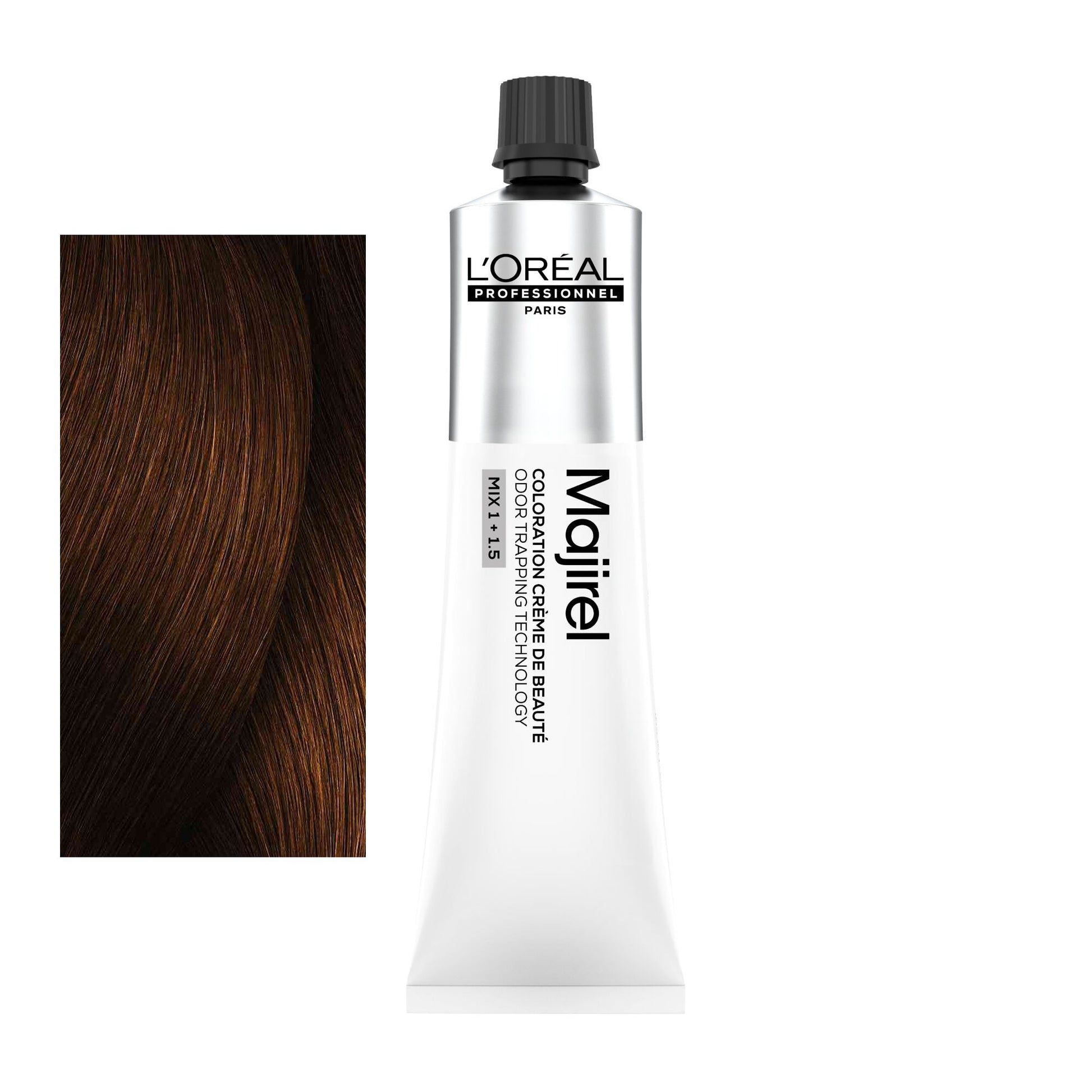Coloração Majirel tom 4.45: amostra da cor junto ao tubo de 60 ml