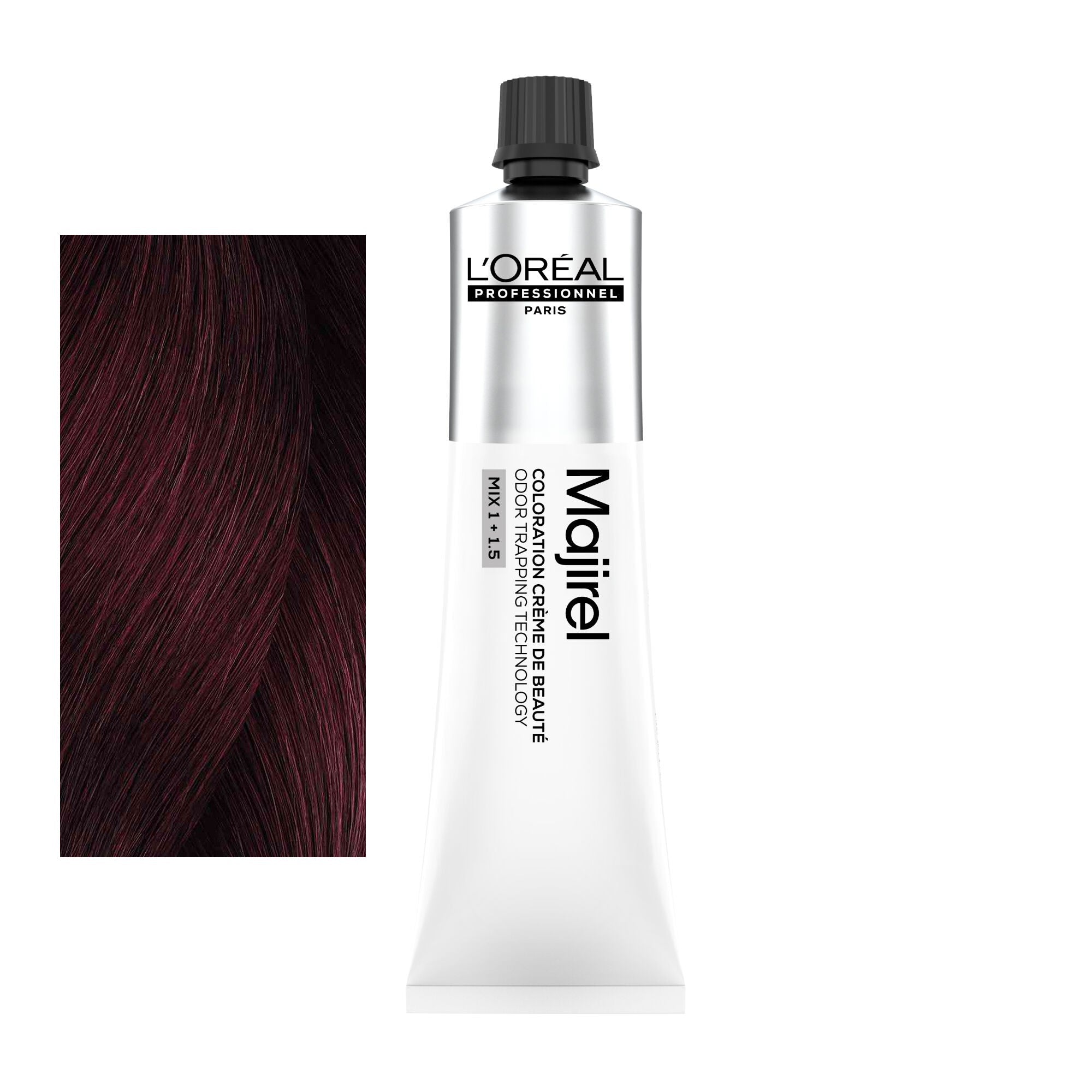 Coloração Majirel tom 4.62: amostra da cor junto ao tubo de 60 ml