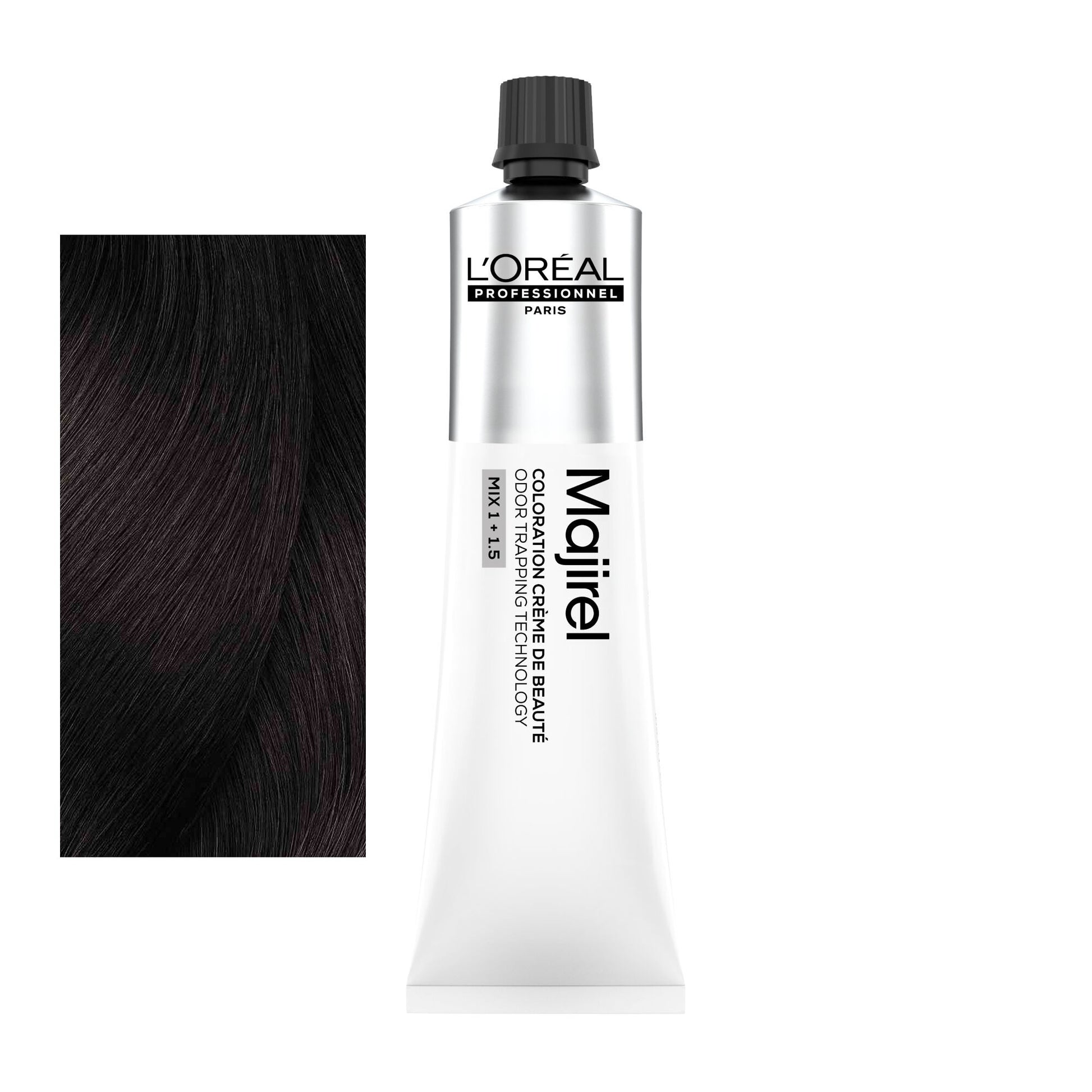 Coloração Majirel tom 4.8: amostra da cor junto ao tubo de 60 ml