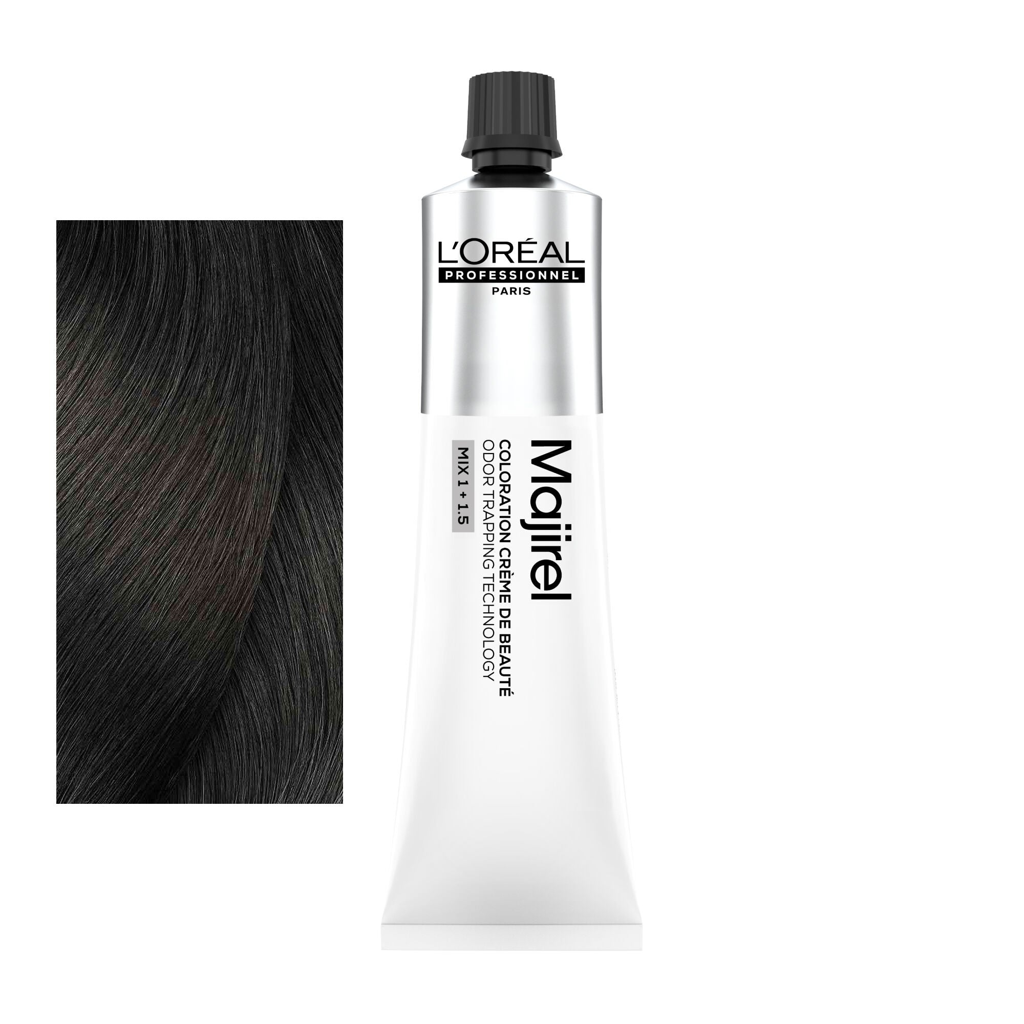 Coloração Majirel tom 5.0: amostra da cor junto ao tubo de 60 ml