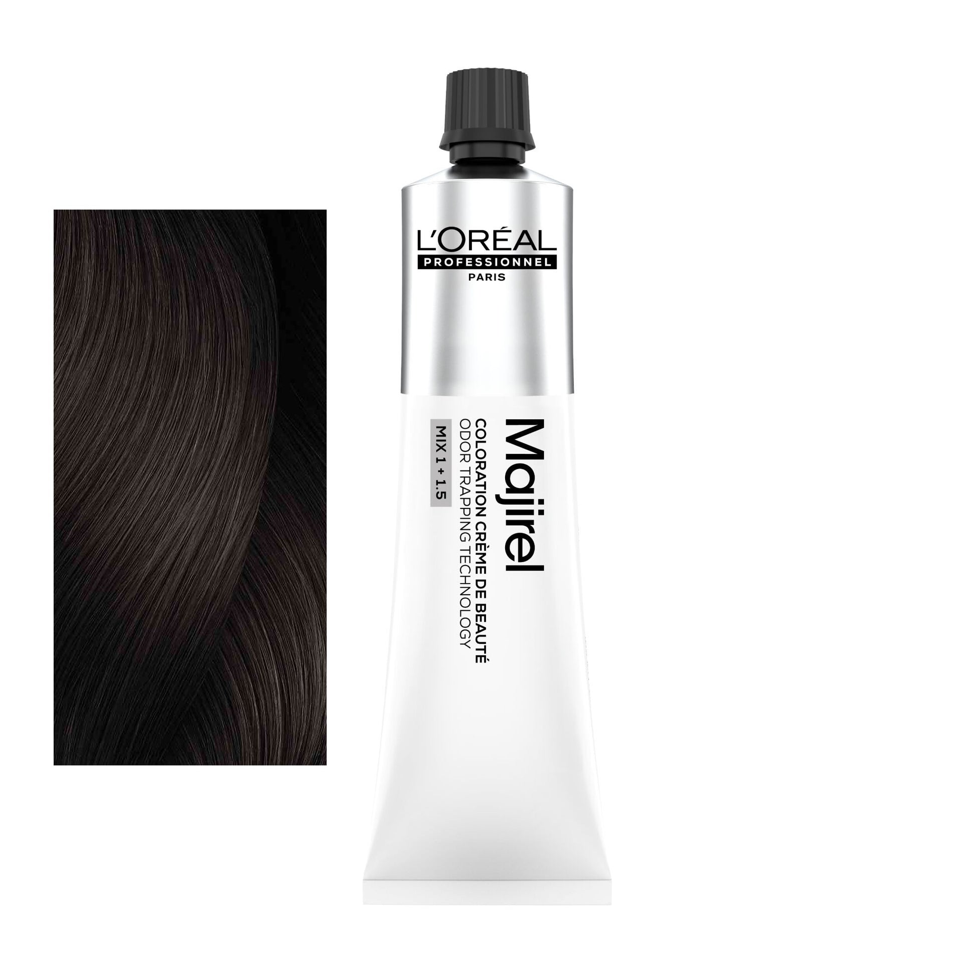 Coloração Majirel tom 5.15: amostra da cor junto ao tubo de 60 ml