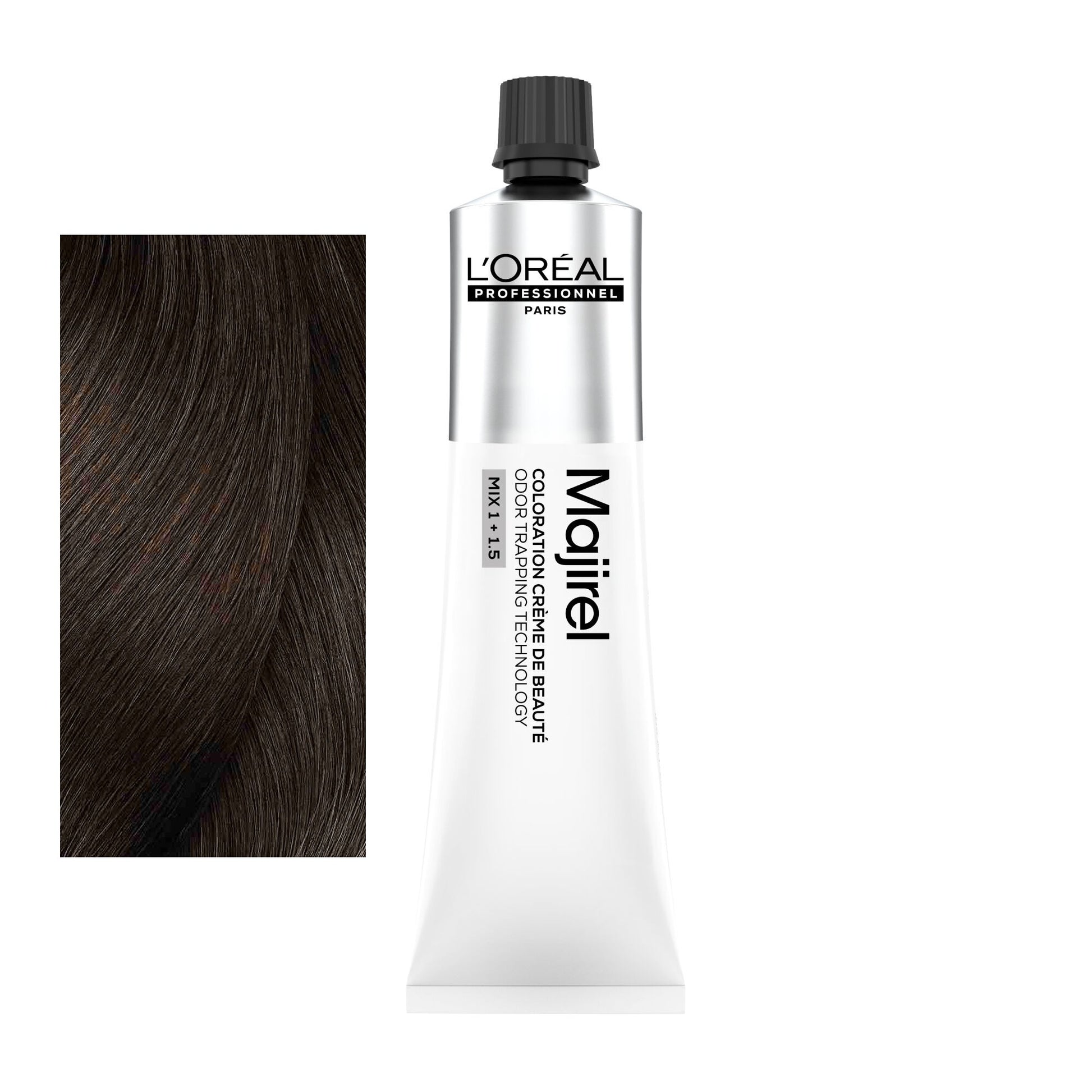 Coloração Majirel tom 5.35: amostra da cor junto ao tubo de 60 ml