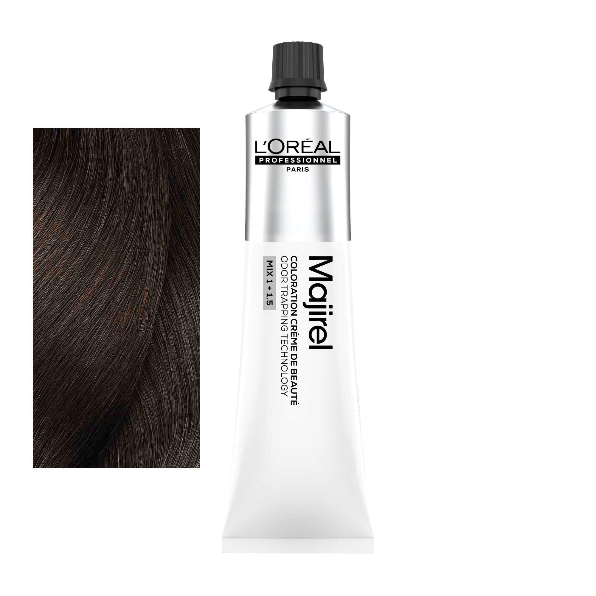 Coloração Majirel tom 5.35: amostra da cor junto ao tubo de 60 ml