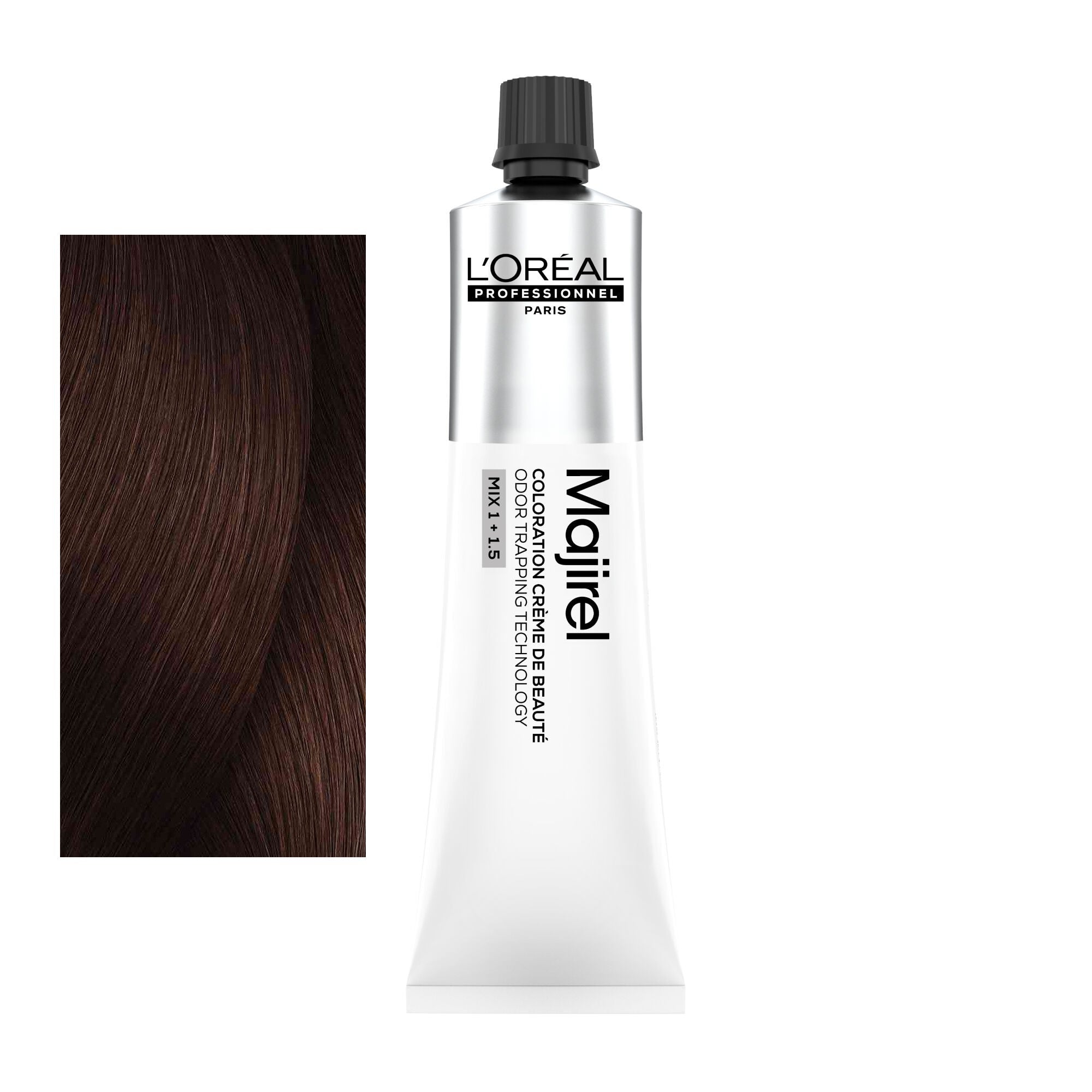 Coloração Majirel tom 5.5: amostra da cor junto ao tubo de 60 ml