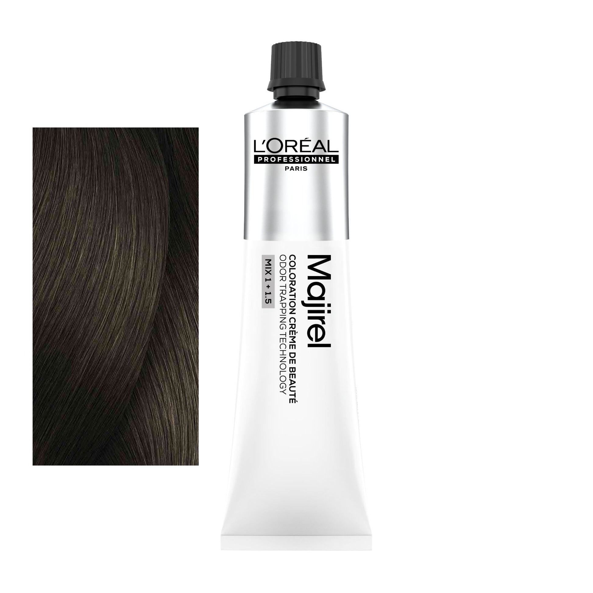 Coloração Majirel tom 6.0: amostra da cor junto ao tubo de 60 ml