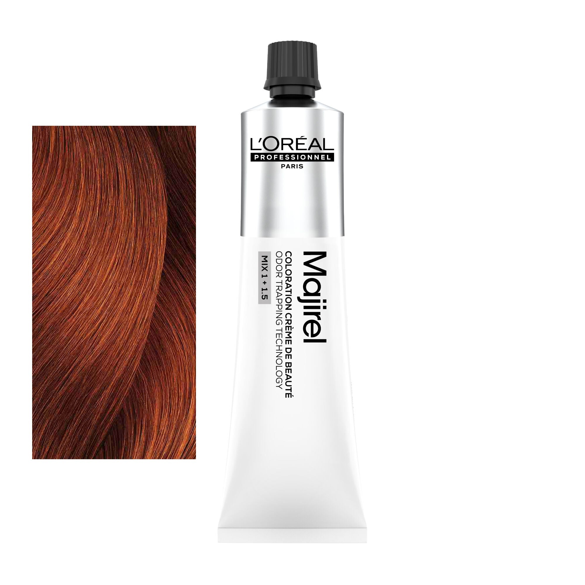 Coloração Majirel tom 6.46: amostra da cor junto ao tubo de 60 ml