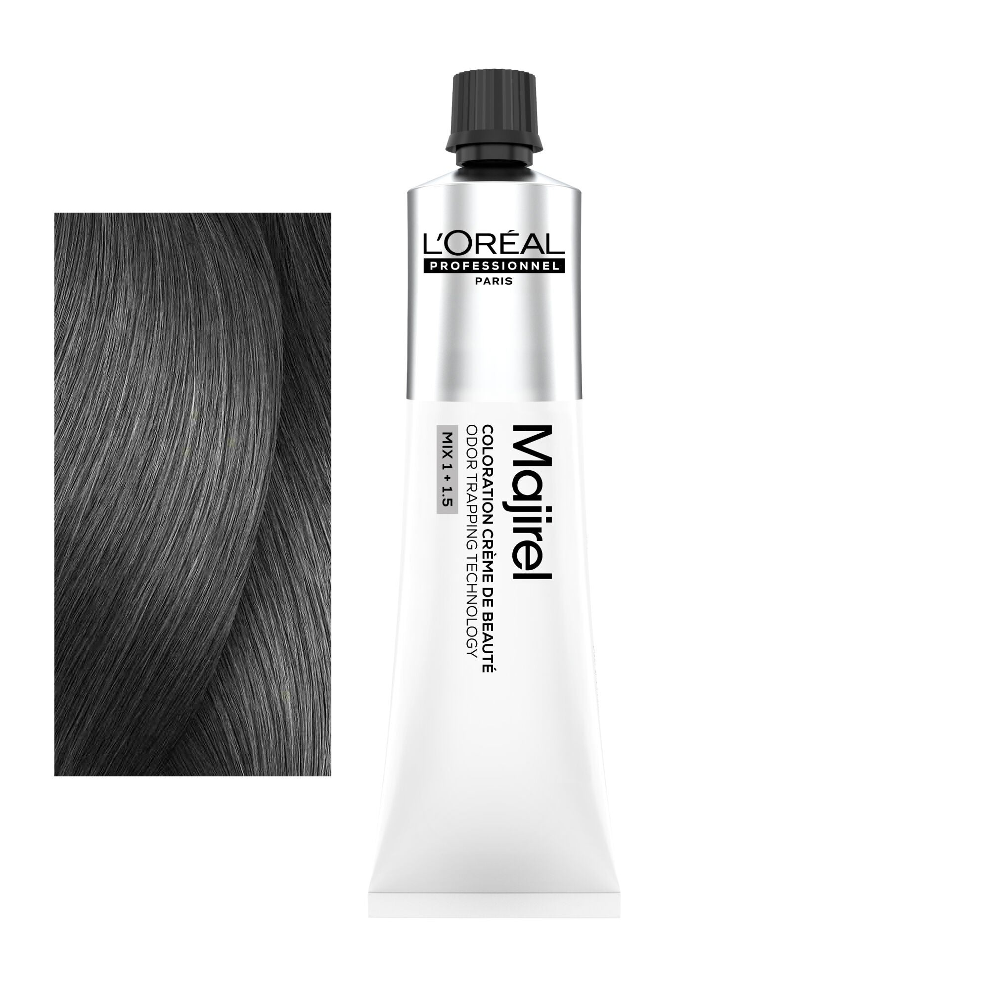 Coloração Majirel tom 7.11: amostra da cor junto ao tubo de 60 ml